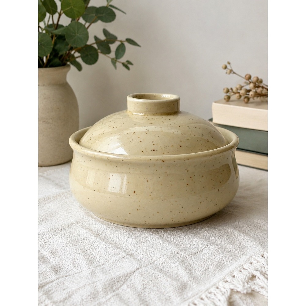 Vintage Image Inn Stoneware Covered Dish Beige Speckled Japan Ovenproof Cottage